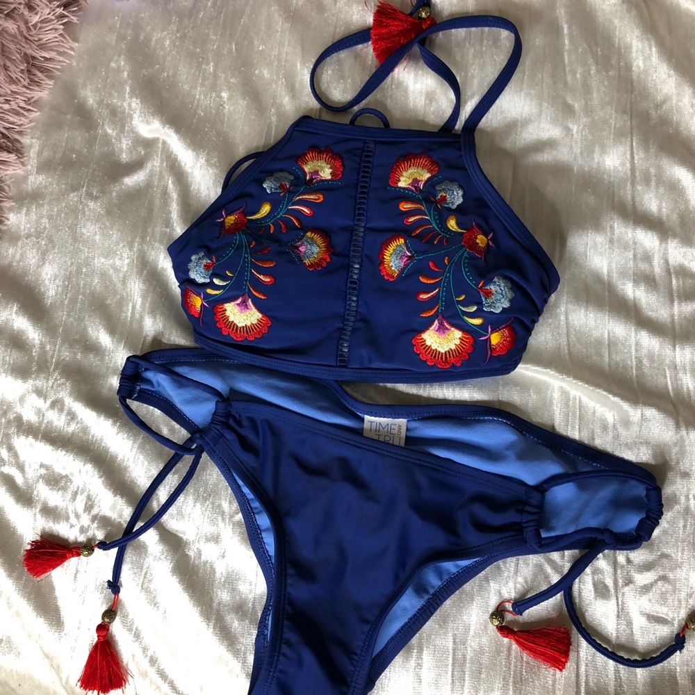 Navy Blue Embroidered Swimsuit